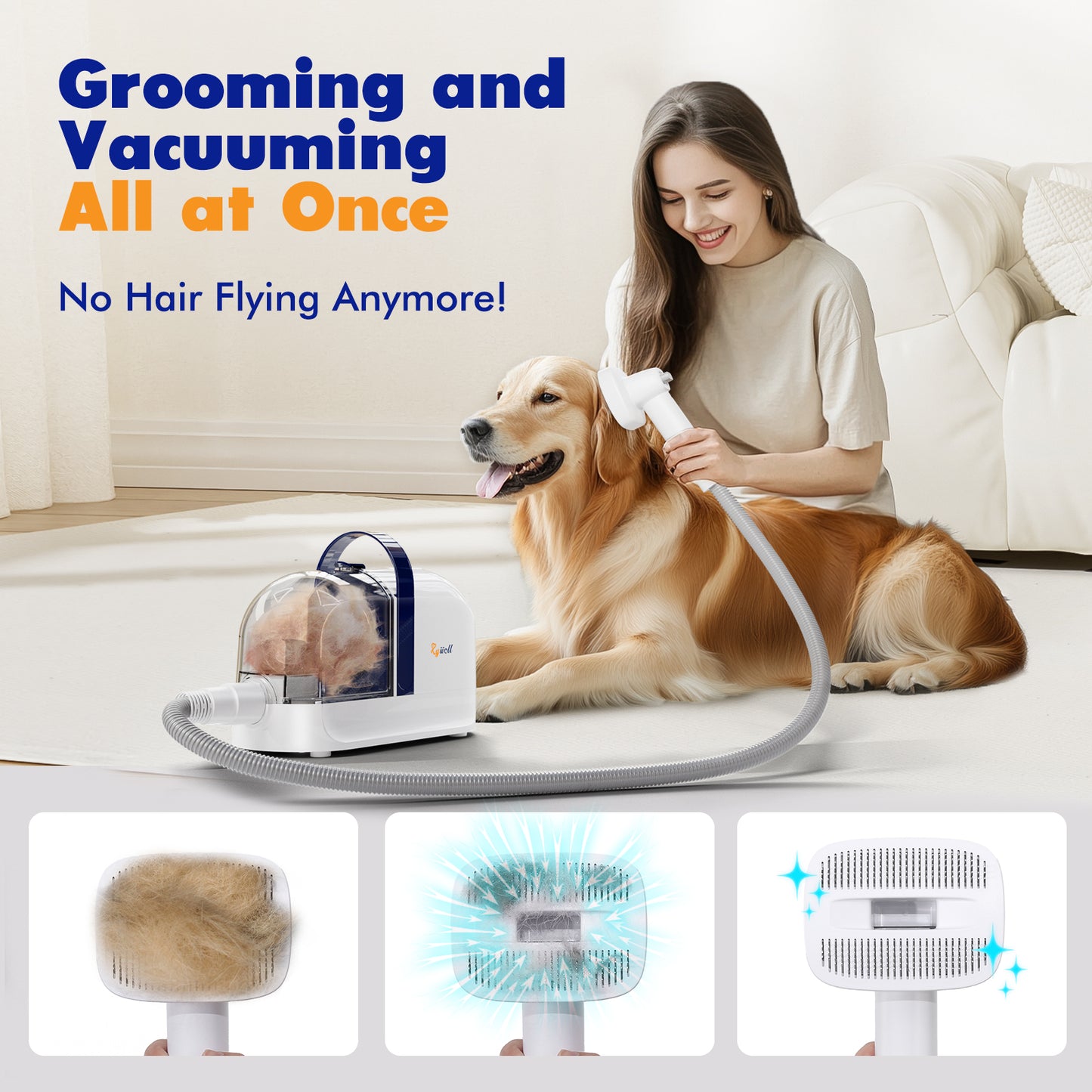 Rywell Pet Grooming Kit, 10KPa Dog Hair Vacuum with Deshedding Brush & Clippers, 4 in 1 6 Tools Low Noise Pet Grooming Supplies