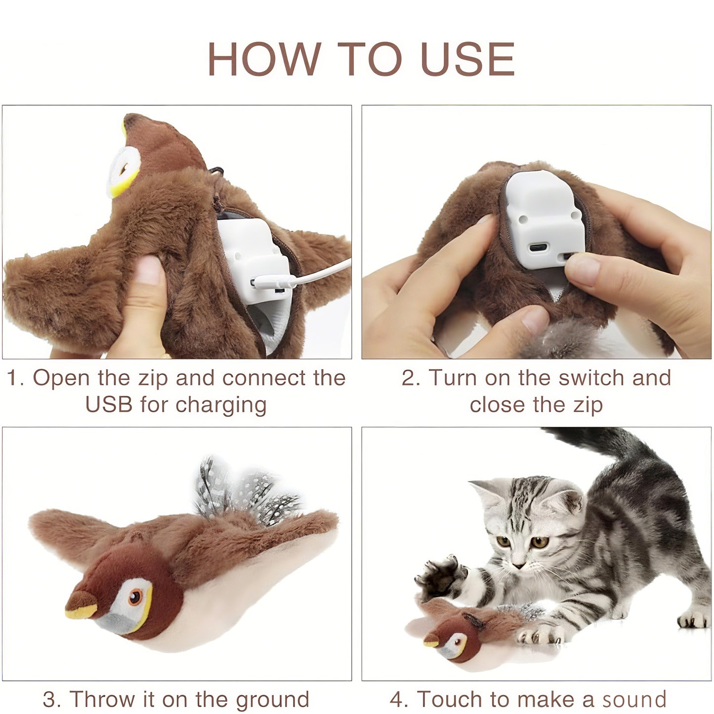 Rywell Rechargeable Flapping Bird Cat Toy – Touch-Activated, Chirps & Flaps Like a Real Sandpiper with Catnip