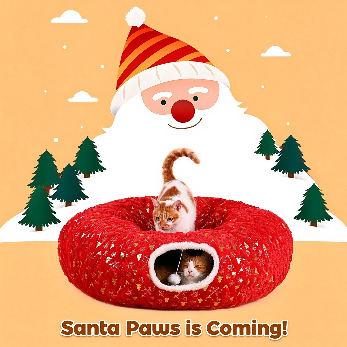Gonna per albero di Natale Rywell 3 in 1, tunnel per gatti in peluche morbido per gatti da interno che giocano, riposano e si nascondono, tunnel pieghevole per gatti con cuscino accogliente e palline giocattolo, perfetto per decorare l'albero di Natale