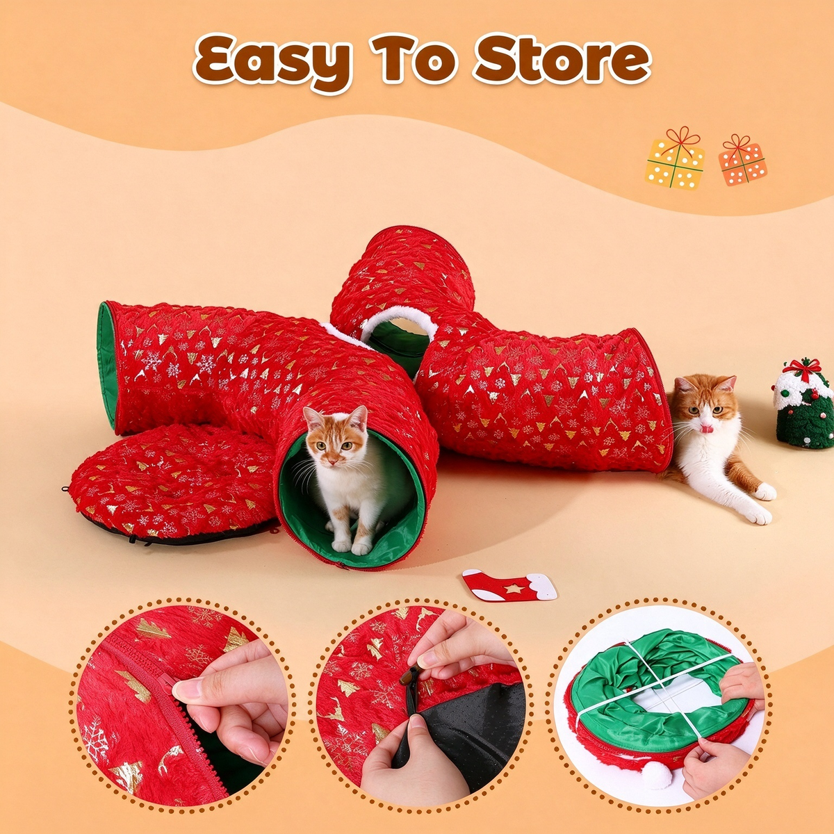 Gonna per albero di Natale Rywell 3 in 1, tunnel per gatti in peluche morbido per gatti da interno che giocano, riposano e si nascondono, tunnel pieghevole per gatti con cuscino accogliente e palline giocattolo, perfetto per decorare l'albero di Natale