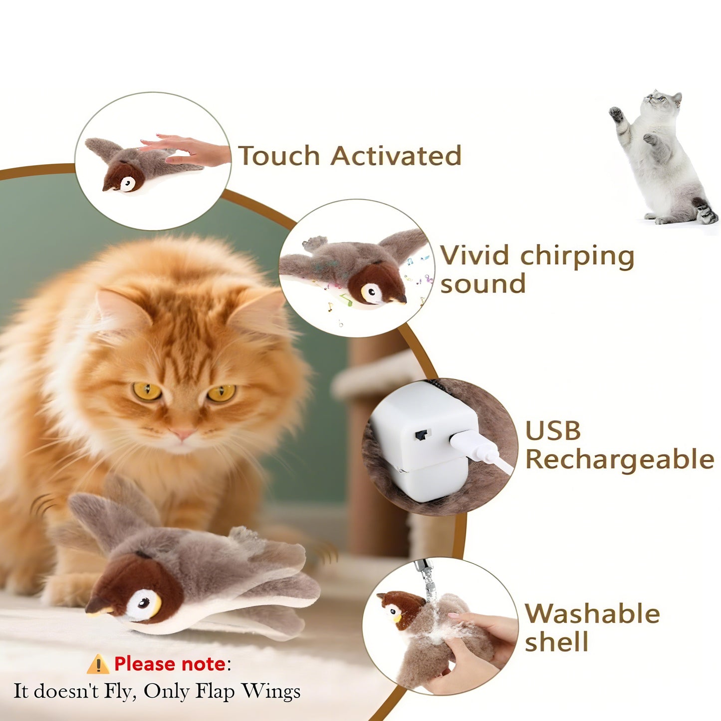 Rywell Rechargeable Flapping Bird Cat Toy – Touch-Activated, Chirps & Flaps Like a Real Sandpiper with Catnip