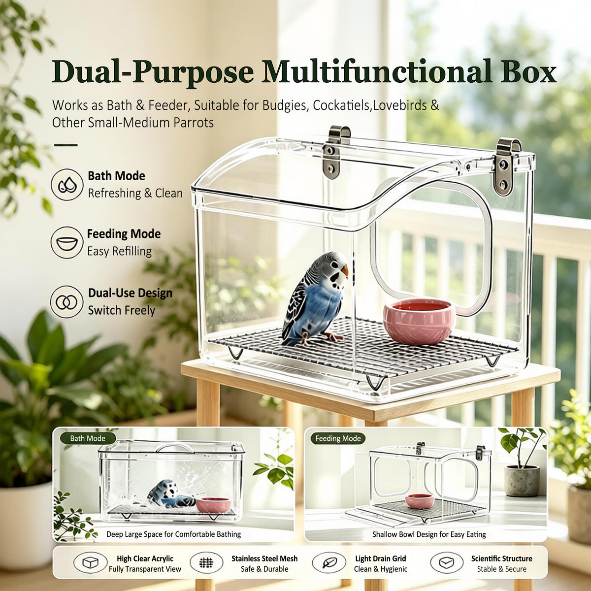 Rywell Transparent Acrylic Bird Cage – Portable Bird Travel Carrier with Handle, 2-in-1 Hanging Bird Bath & External No-Mess Feeder for Parrots, Budgies, Cockatiels, Lovebirds, Conures, Finches & Canaries
