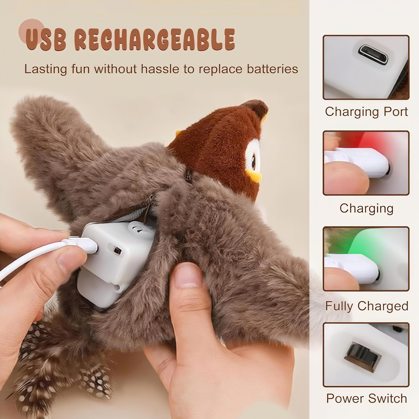 Rywell Rechargeable Flapping Bird Cat Toy – Touch-Activated, Chirps & Flaps Like a Real Sandpiper with Catnip