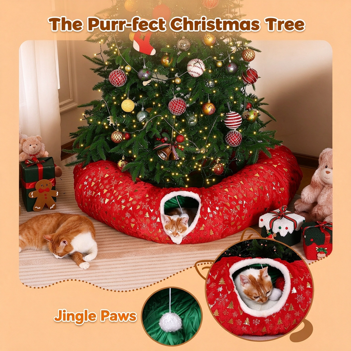 Gonna per albero di Natale Rywell 3 in 1, tunnel per gatti in peluche morbido per gatti da interno che giocano, riposano e si nascondono, tunnel pieghevole per gatti con cuscino accogliente e palline giocattolo, perfetto per decorare l'albero di Natale