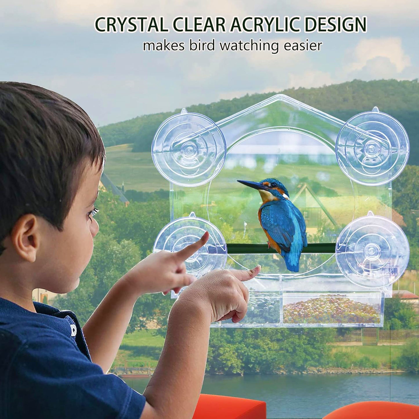 Rywell Clear Acrylic Window Bird Feeder with Strong Suction Cups, Removable Seed Tray & Drainage Holes for Wild Bird Watching