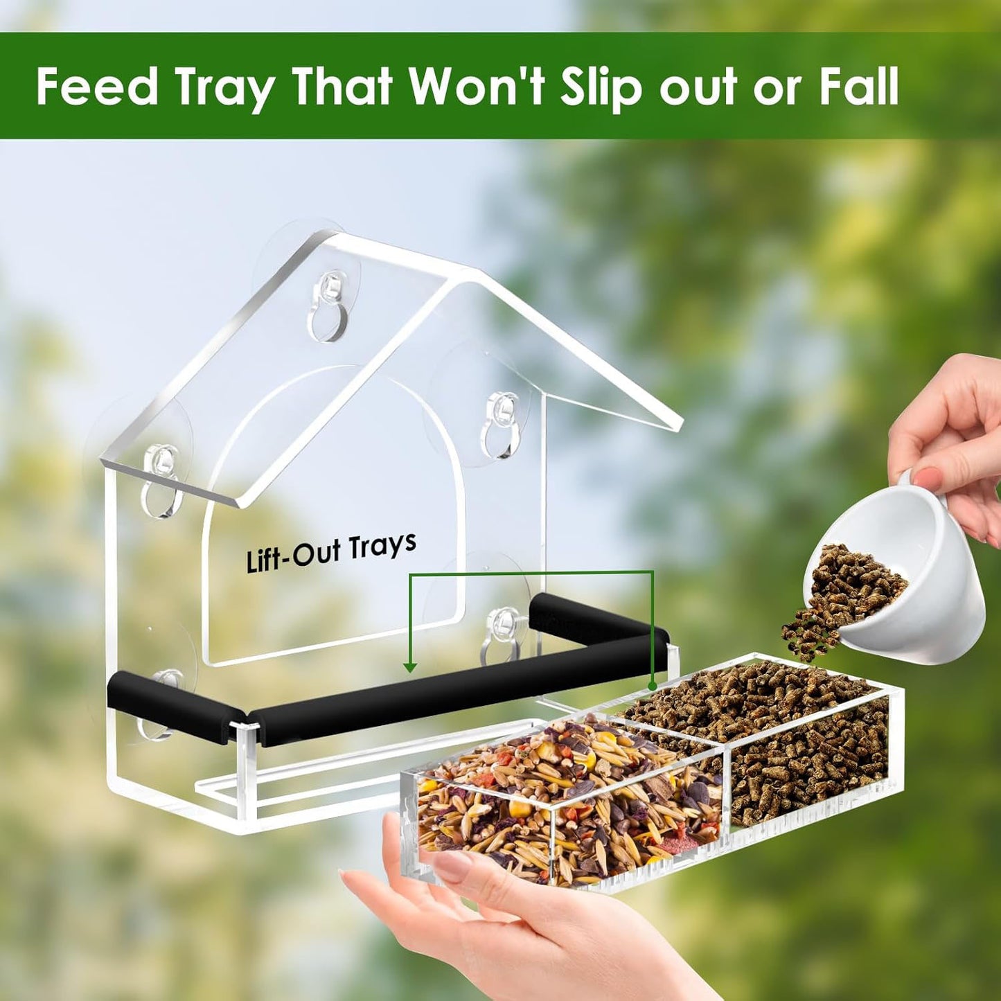 Rywell Clear Acrylic Window Bird Feeder with Strong Suction Cups, Removable Seed Tray & Drainage Holes for Wild Bird Watching