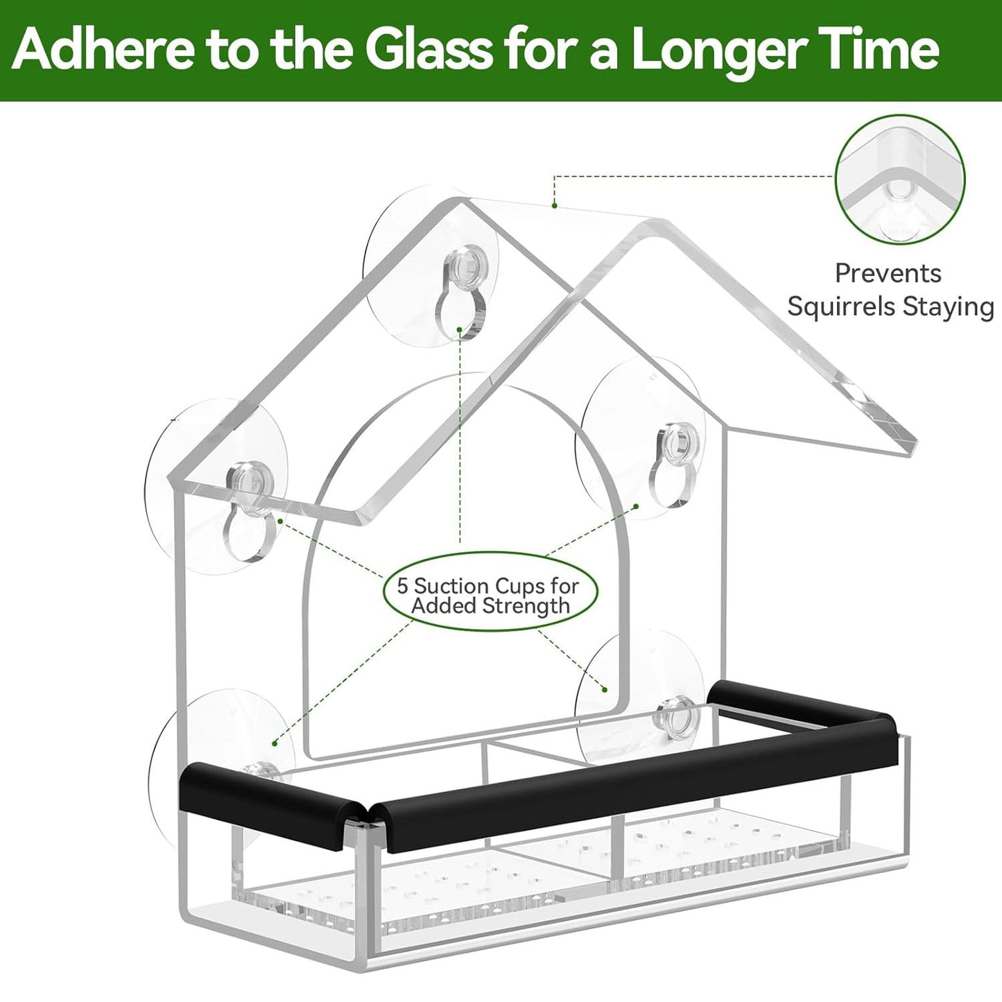 Rywell Clear Acrylic Window Bird Feeder with Strong Suction Cups, Removable Seed Tray & Drainage Holes for Wild Bird Watching