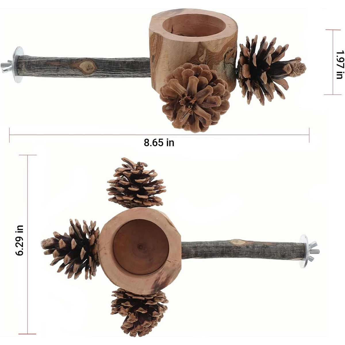 Rywell Bird Perch with Safe Bowl & Pinecones — 100% Natural Wooden Chew Toy for Cockatiels, Conures, Budgies, Lovebirds & Parakeets, Foraging & Oral Health Birdcage Accessory