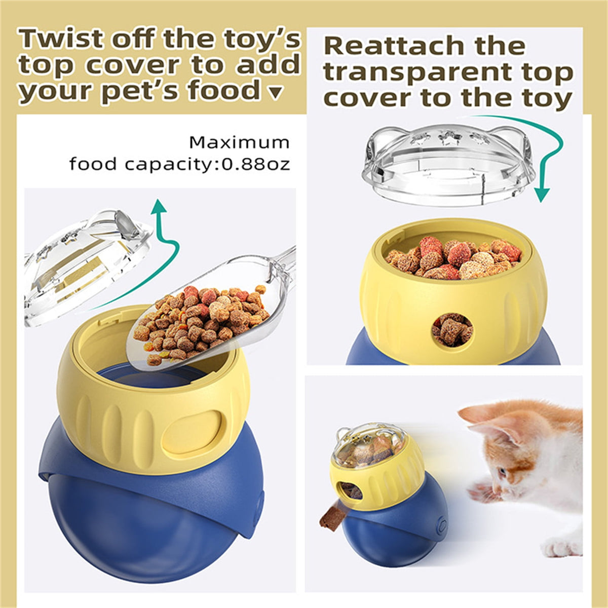 Rywell Cat Puzzle Ball for Cat&Mini Dogs Adjustable No-Tip Treat Dispensing Toys Food Dispenser Balls Cognitive Enrichment Toy Slow Feeding Interactive Mind Stimulating Game