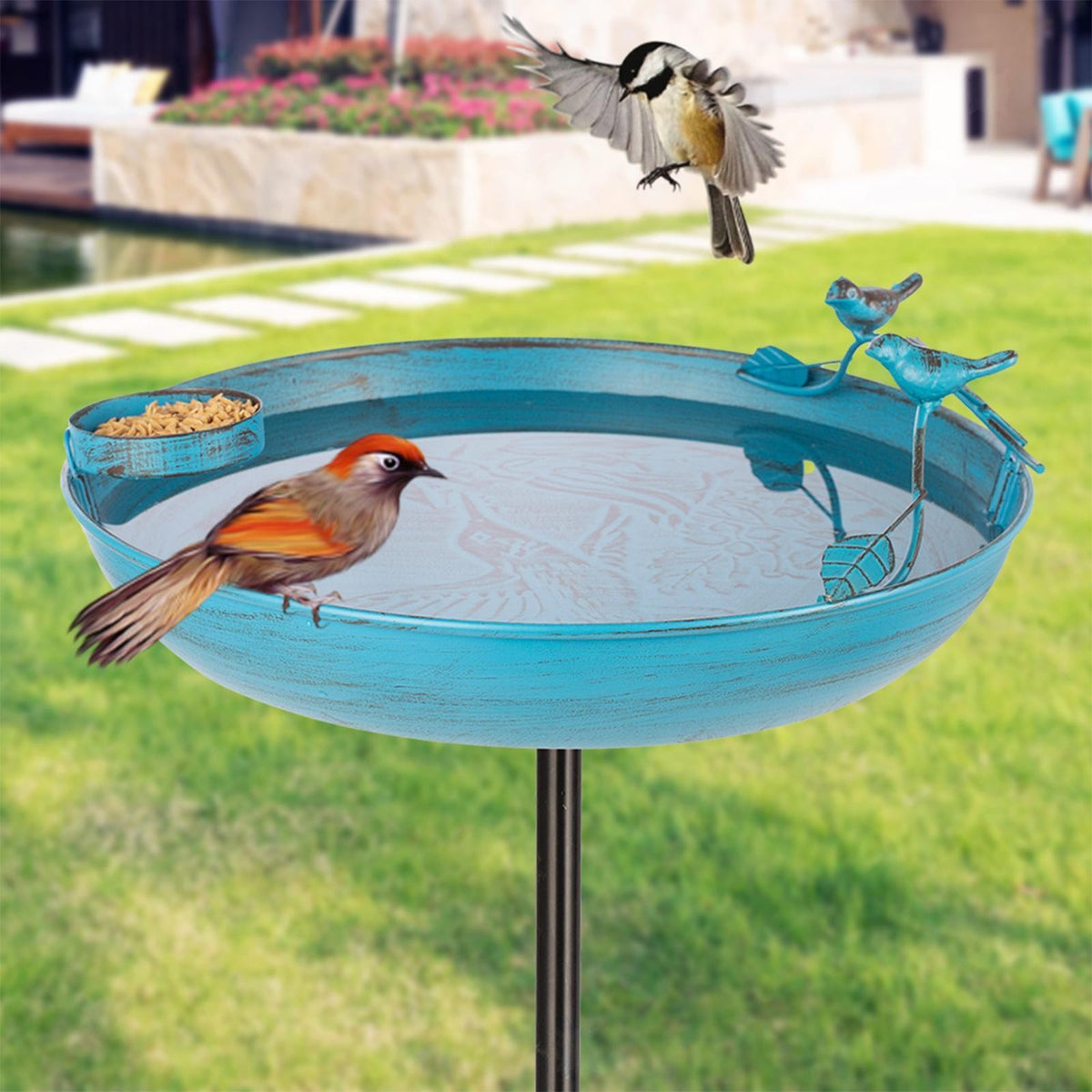 Rywell Outdoor Iron Art Birdbath Bird Feeder Bowl Simple Assembly Strong Load Bearing