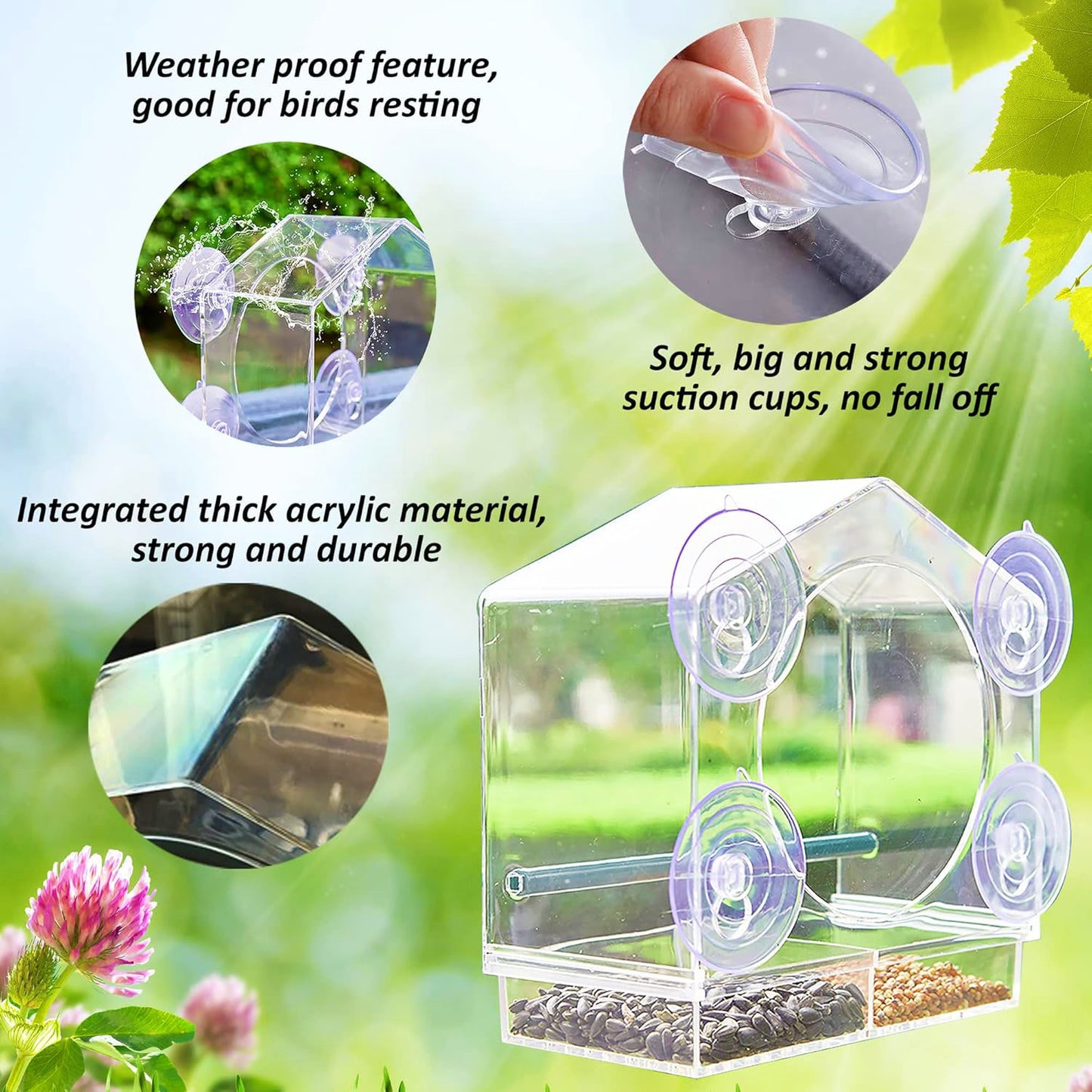 Rywell Clear Acrylic Window Bird Feeder with Strong Suction Cups, Removable Seed Tray & Drainage Holes for Wild Bird Watching