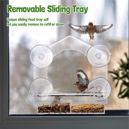 Rywell Clear Acrylic Window Bird Feeder with Strong Suction Cups, Removable Seed Tray & Drainage Holes for Wild Bird Watching
