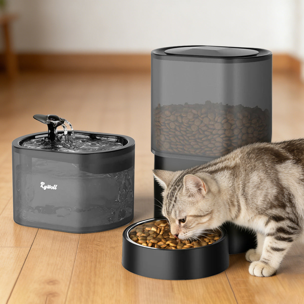 Rywell Automatic Cat Feeder with Water Dispenser, 2.4G WiFi Timed Food Dispenser with Portion Control, 2-In-1 Feeding Set for Cats & Small Dogs, Wire or Battery Powered