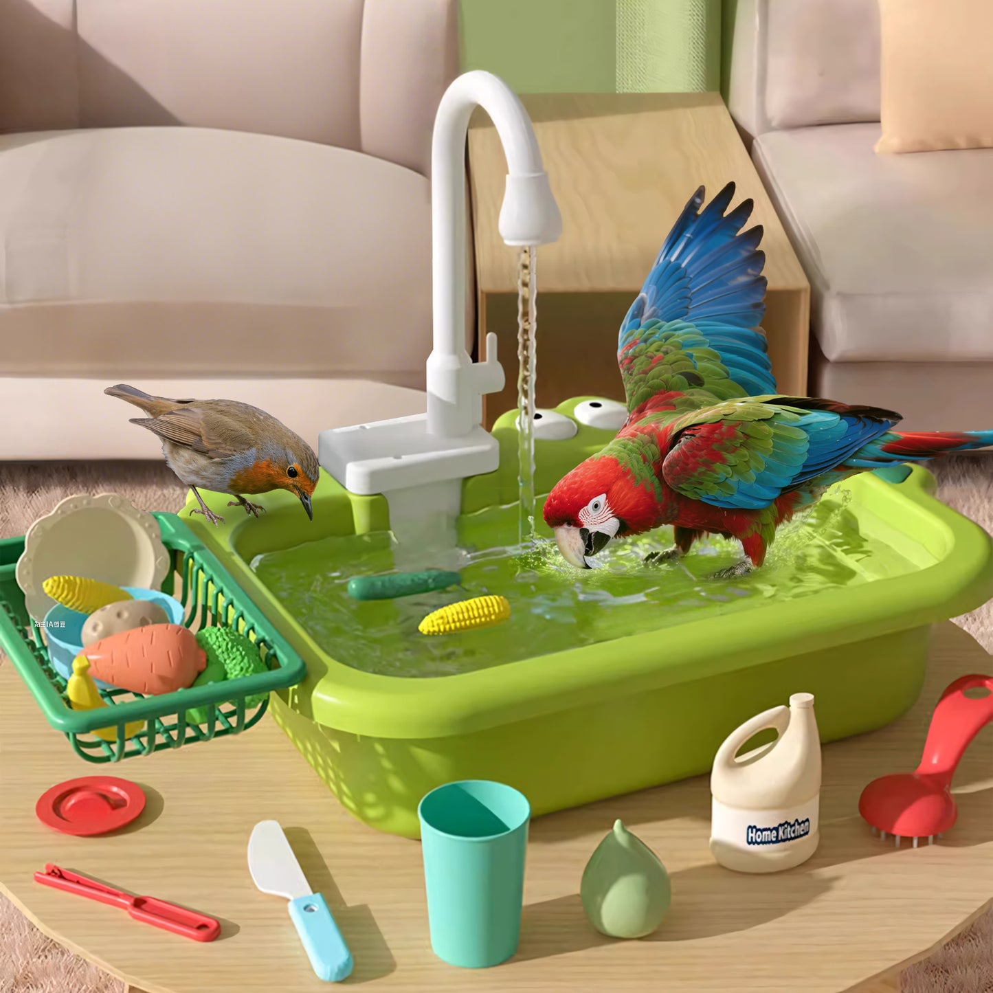 Rywell Multi-Functional Bird Bath with Faucet – Outdoor Bird Play Basin, Bird Shower & Water Fun Toy