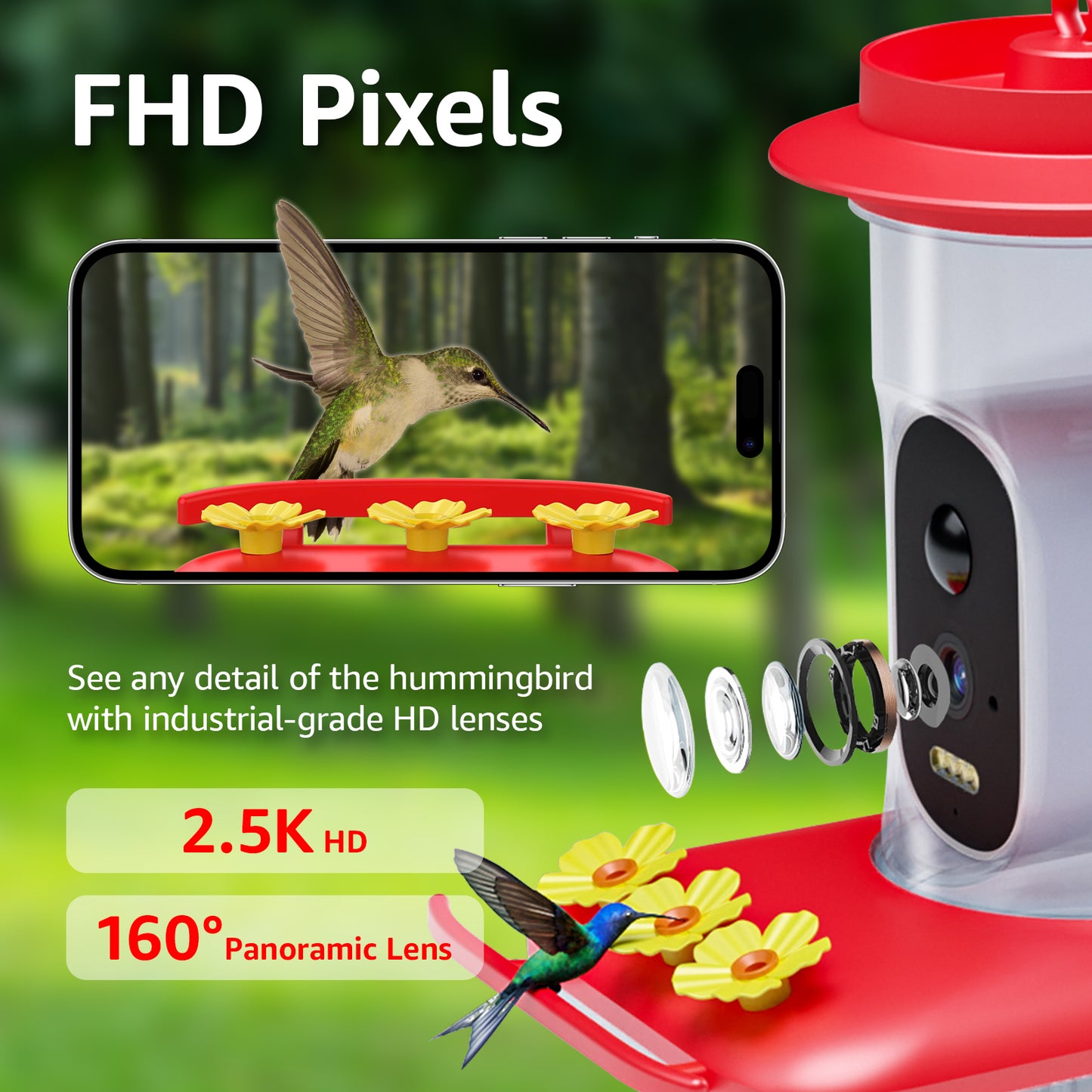 Rywell Smart Solar Hummingbird Feeder with 5MP Camera & AI Bird Detection