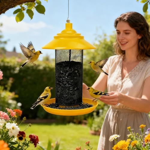 Rywell Bird Feeder for Finches, Tubular Mesh Garden Feeder with Tray, Wild Bird Feeders - for Garden, Yard, Patio, Balcony, Tree, Fence
