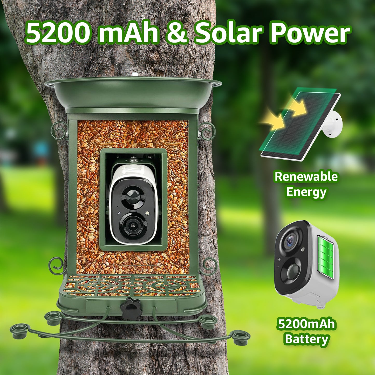 Rywell AI-Powered Solar Smart Bird Feeder – Metal Cage, Portable, Wind & Rain Resistant, with bird bath