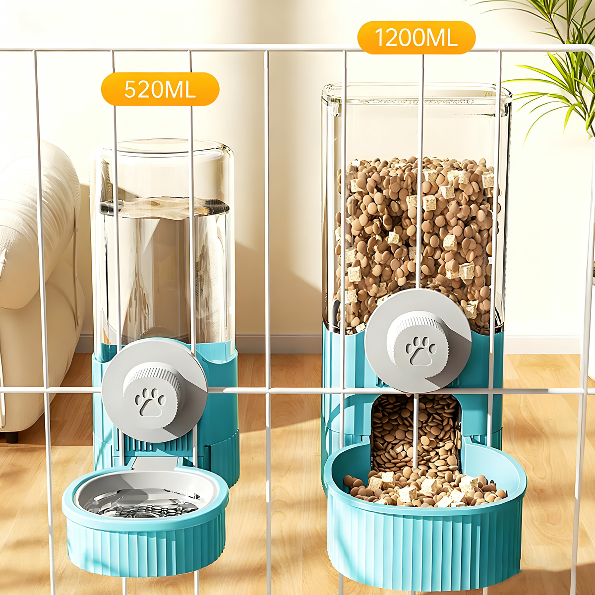 Rywell Hanging Automatic Food Water Dispenser,Rabbit Feeder Guinea Pig Water Bottle Food Feeder for Ferret Guinea Pig Rabbit Bunny Cage Accessories (Blue, 520ml+1200ml)