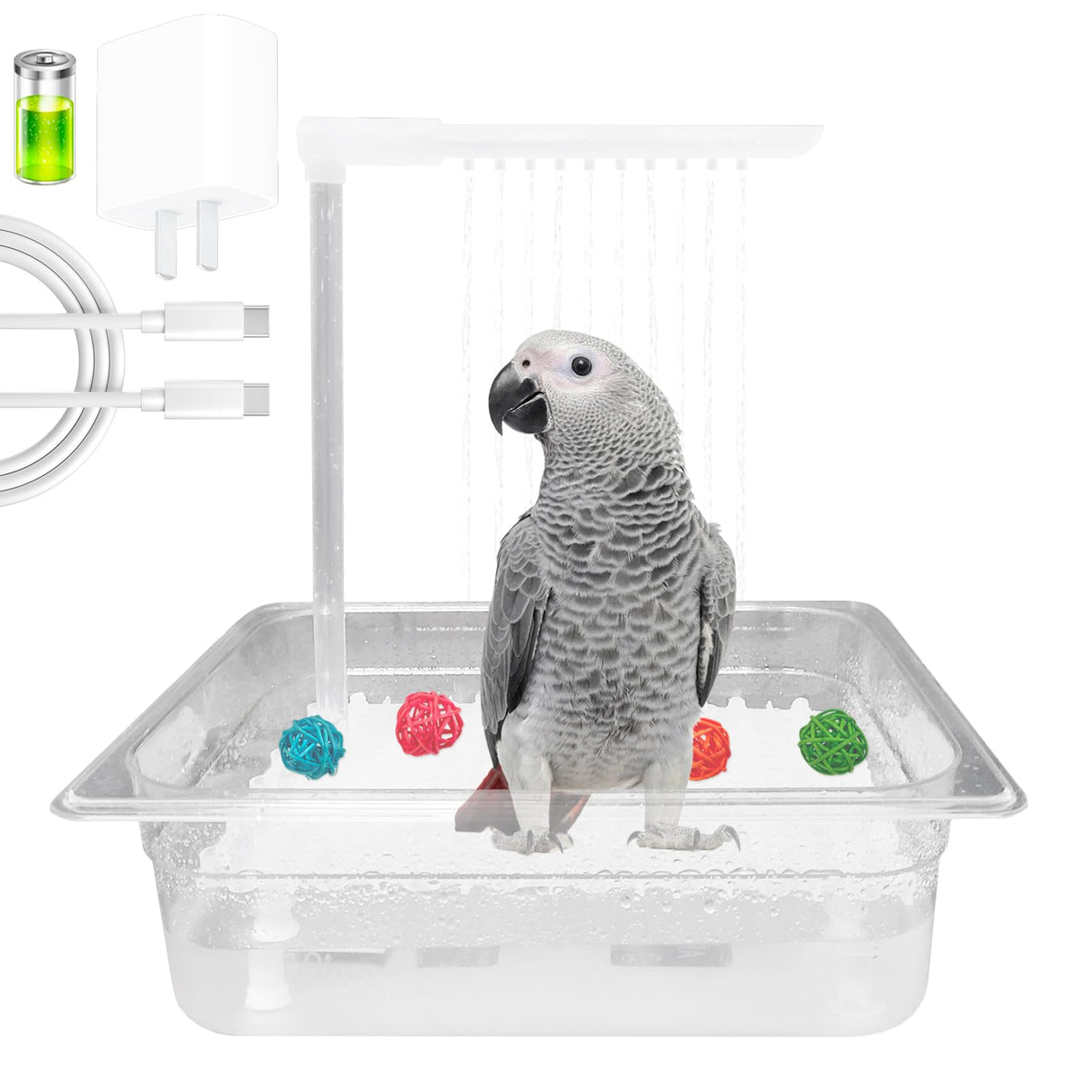 Vasca da bagno per pappagalli Rywell, doccia automatica per uccelli con rubinetto a 180°, contiene USB e spina di alimentazione per uccelli di medie dimensioni, pappagalli grigi africani, conuri amazzoni, parrocchetti, calopsitte, inseparabili