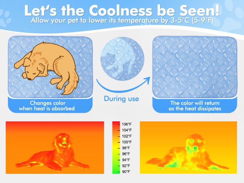 Rywell Dog Cooling Mat 2.0,44 * 32 Thicken Cooling Mat for Extra Large Dog, Internal Waterproof& Endothermic Color Changing Arc-Chill Cooling Fiber(QMAX>0.5) for Pet in Summer, Washable, Non-Toxic