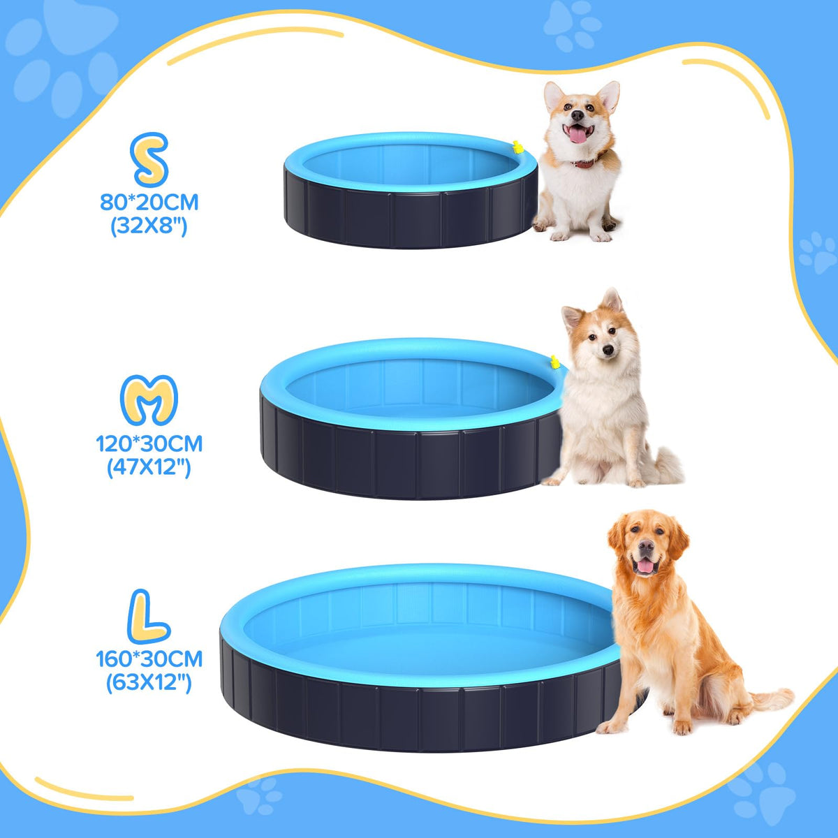 Rywell Dog Pool for Large Dogs, Foldable Pet Wading Pool with Splash Sprinkler, Outdoor Summer Bathtub Heavy Duty for Puppy, Doggie, Cats, Duck -Blue -63 x 12 Inches