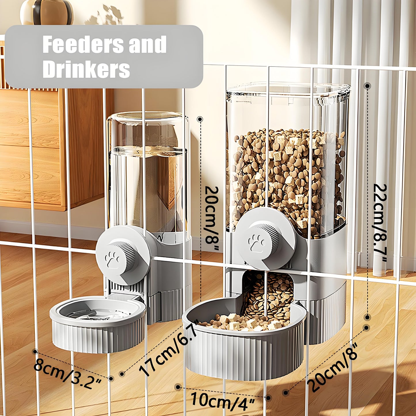 Rywell Hanging Automatic Food Water Dispenser,Rabbit Feeder Guinea Pig Water Bottle Food Feeder for Ferret Guinea Pig Rabbit Bunny Cage Accessories (Grey, 520ml+1200ml)
