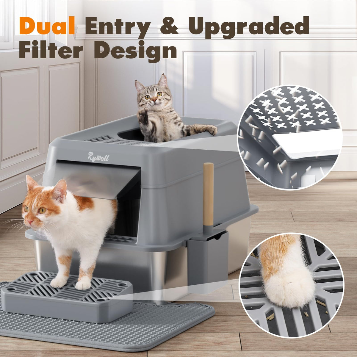 Lettiera per gatti Rywell in acciaio inox, con coperchio, paletta, pedale filtro e tappetino per lettiera, anti-perdita, antiaderente, facile da pulire.