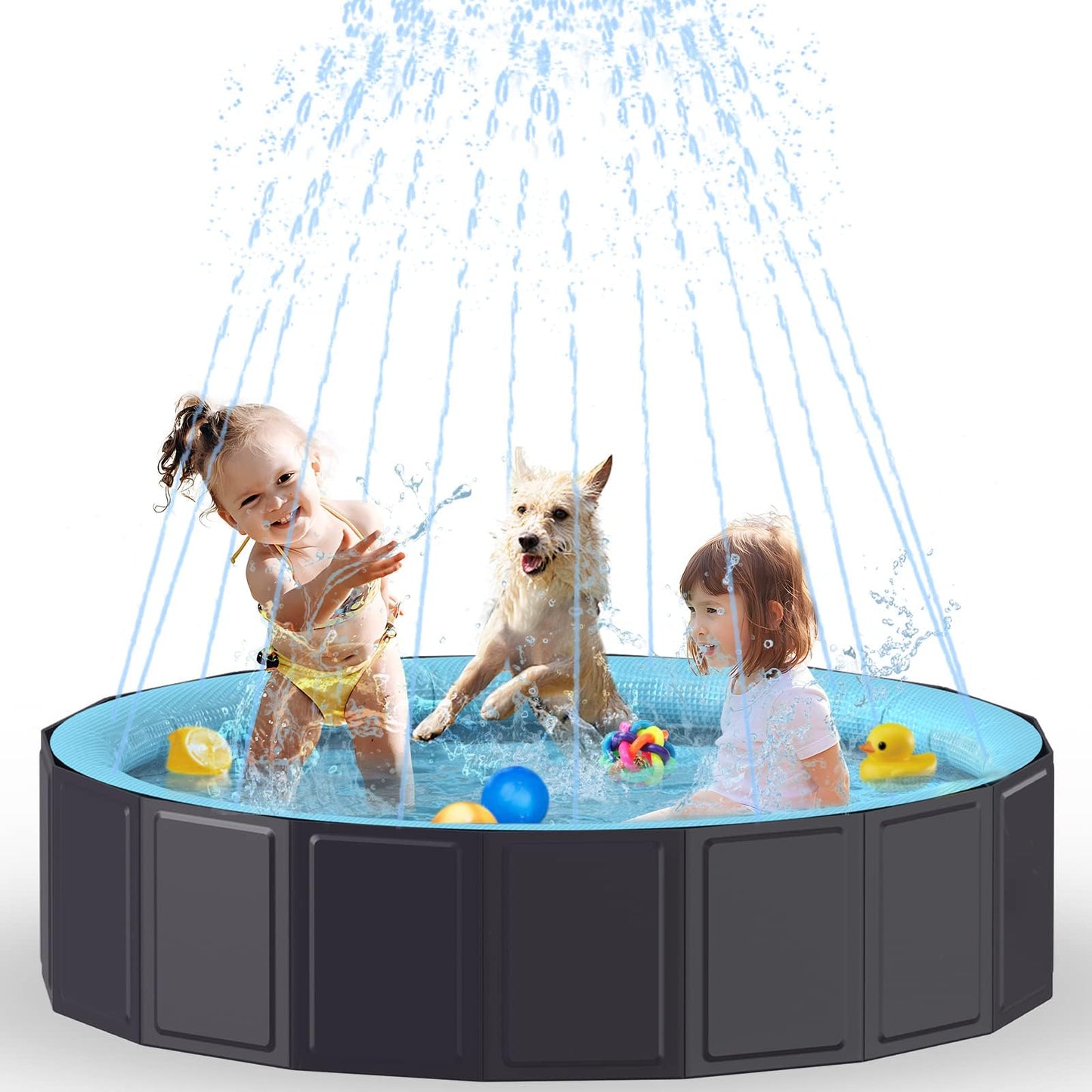 Rywell Dog Pool for Large Dogs, Foldable Pet Wading Pool with Splash Sprinkler, Outdoor Summer Bathtub Heavy Duty for Puppy, Doggie, Cats, Duck -Blue -63 x 12 Inches