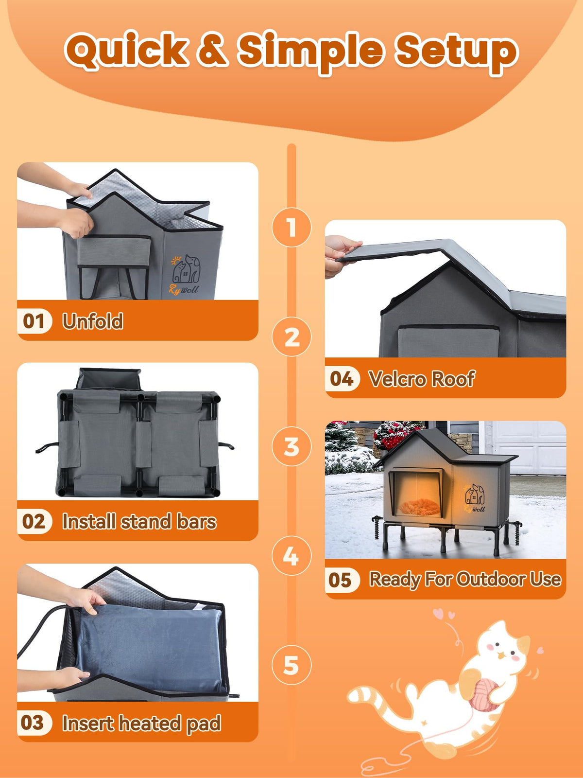 Rywell Heated Cat House for Outside,Super Insulated&Weatherproof Heated Cat House, Elevated Outdoor Cat Shelter for Feral Cat with Waterproof Eaves,Timer & Temp Adjustable