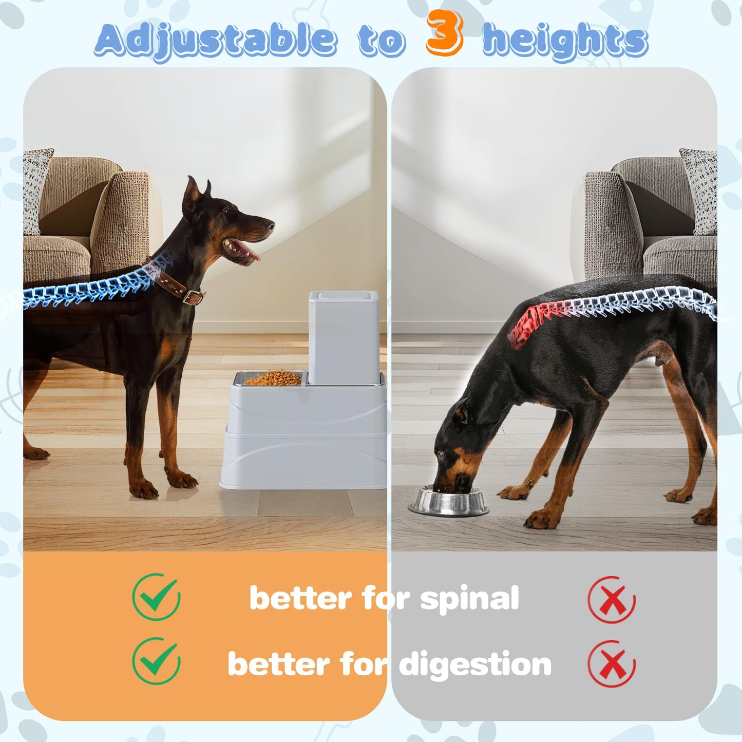 Rywell 4L Gravity Pet Feeder and Water Dispenser Set, Automatic with Stainless Steel Bowls, 3 Height Adjustable for Dogs and Cats