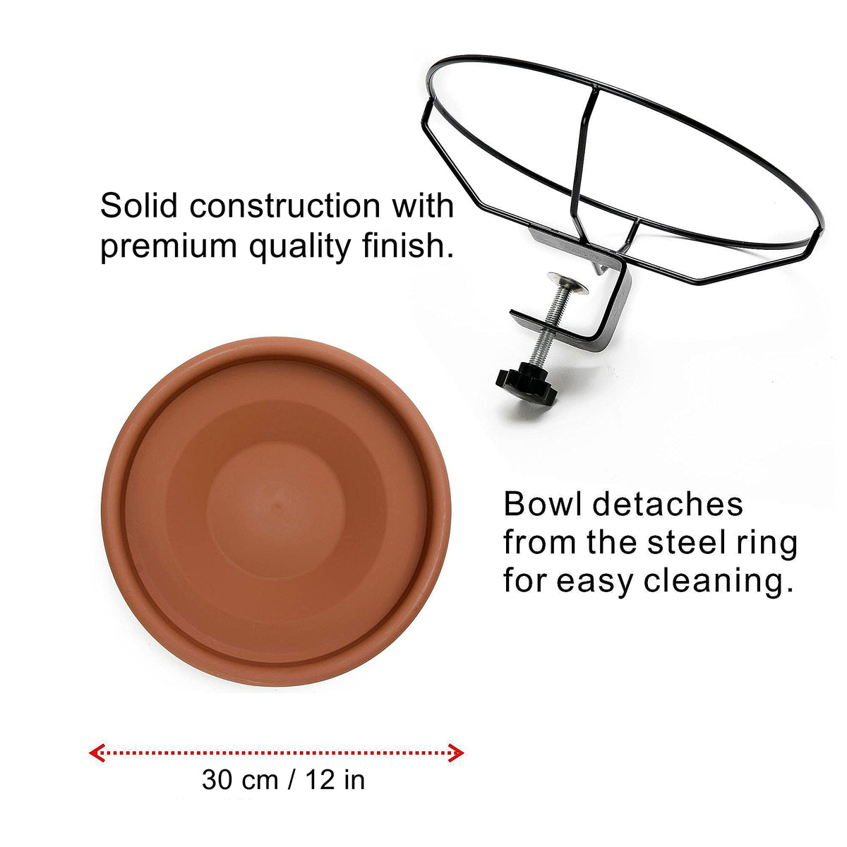 Rywell Bird Bath Deck Mounted Bowl 12 Inches, Balcony Railing Birdbaths Unheated, Bird Bath Fence Clamp Detachable