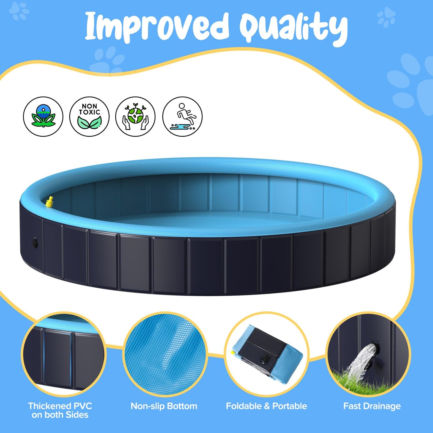 Rywell Dog Pool for Large Dogs, Foldable Pet Wading Pool with Splash Sprinkler, Outdoor Summer Bathtub Heavy Duty for Puppy, Doggie, Cats, Duck -Blue -63 x 12 Inches