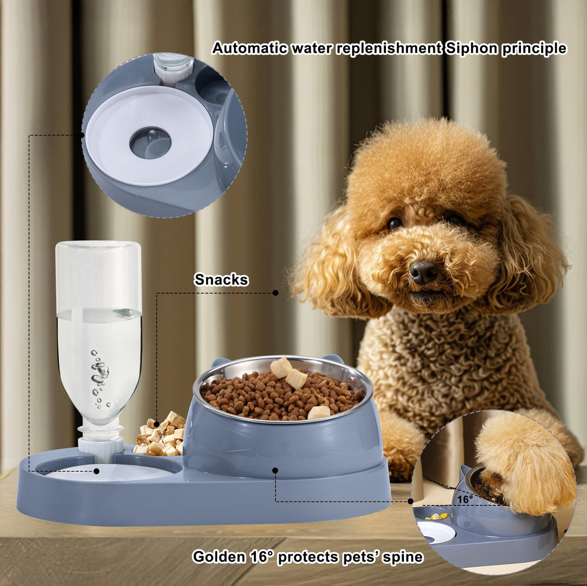 Rywell 2-in-1 Raised Cat Bowl Set with Gravity Water Dispenser, 15° Tilted Elevated Pet Feeder for Cats & Dogs, Anti-Spill Neck Protection Feeding Station