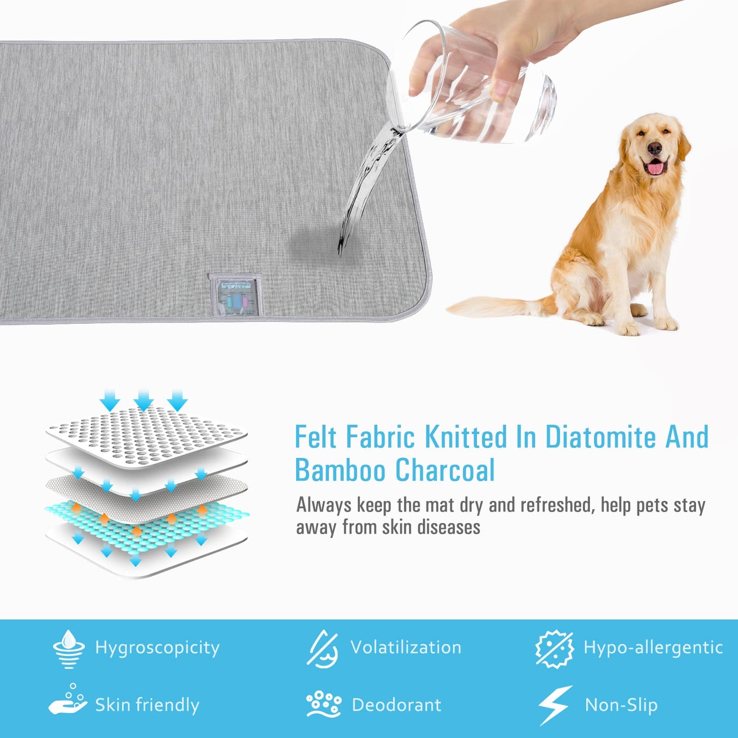 Rywell Pet Reusable Bed Pad Summer Cooling Dogs Mat with Humidity indicator card, Super Absorption Non-toxic Traning Mats Machine Washable & Portable, Indoors & Outdoors - S Grey