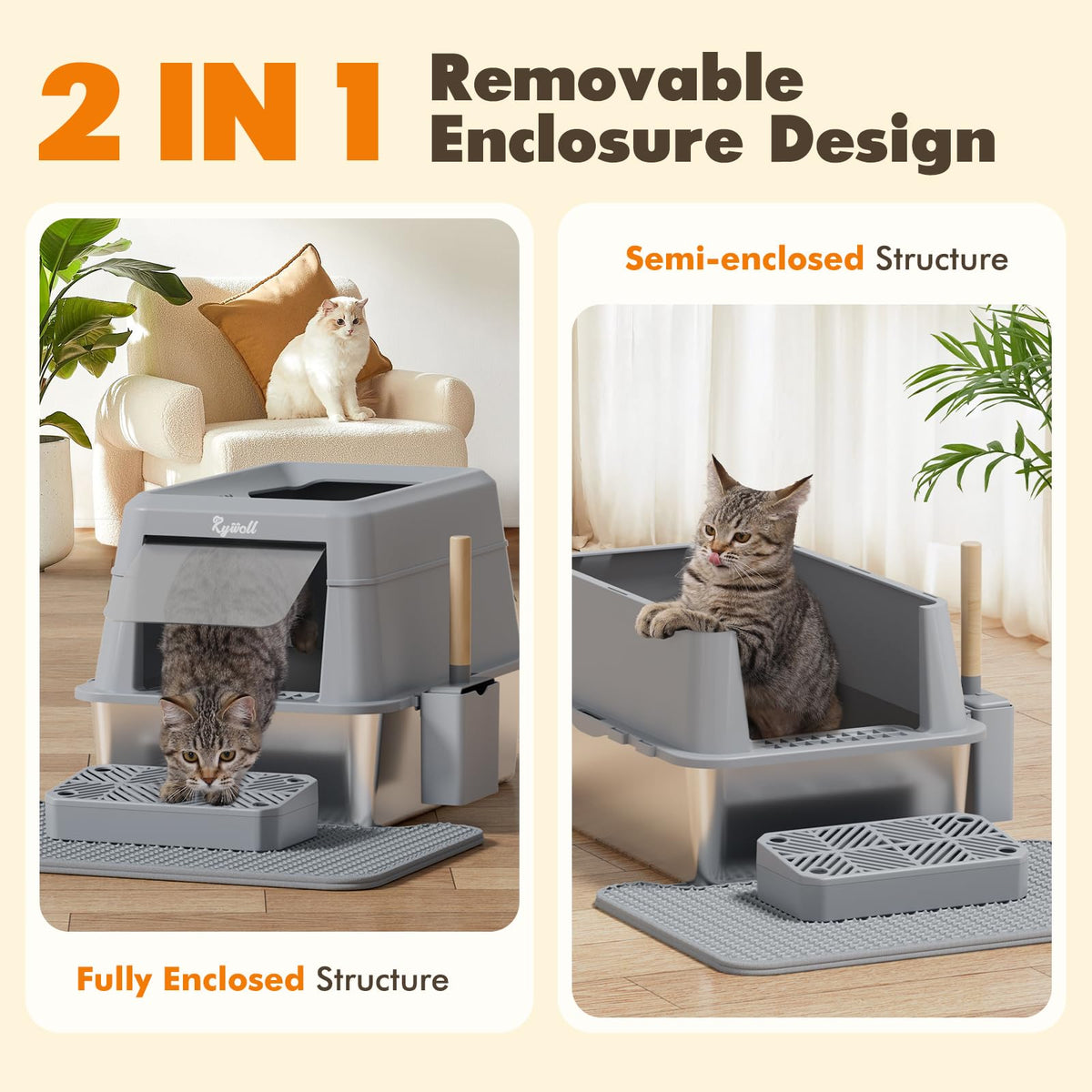 Lettiera per gatti Rywell in acciaio inox, con coperchio, paletta, pedale filtro e tappetino per lettiera, anti-perdita, antiaderente, facile da pulire.