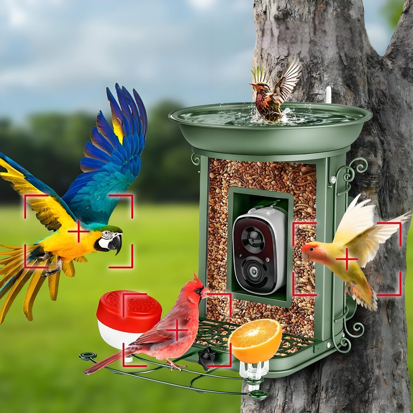 Rywell AI-Powered Solar Smart Bird Feeder – Metal Cage, Portable, Wind & Rain Resistant, with bird bath