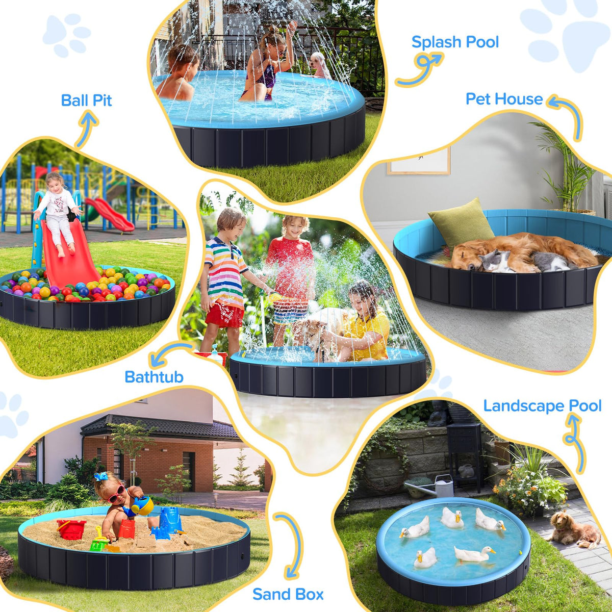 Rywell Dog Pool for Large Dogs, Foldable Pet Wading Pool with Splash Sprinkler, Outdoor Summer Bathtub Heavy Duty for Puppy, Doggie, Cats, Duck -Blue -63 x 12 Inches