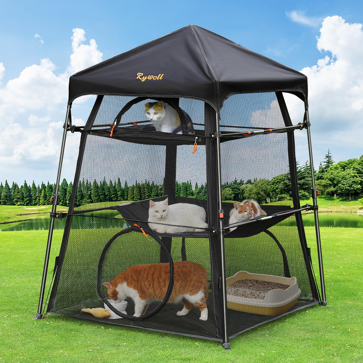 Rywell Large Outdoor Catio for Cats – Portable 3-Level Cat Enclosure, Foldable Weatherproof Cat Tent with 5 Windows & Carry Bag