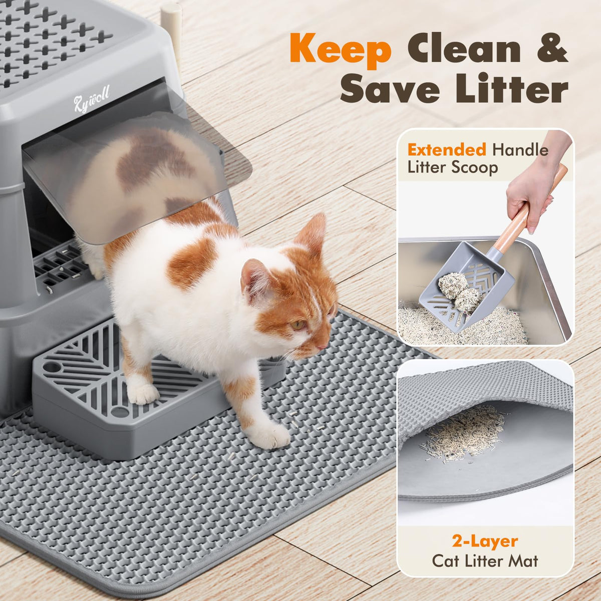 Lettiera per gatti Rywell in acciaio inox, con coperchio, paletta, pedale filtro e tappetino per lettiera, anti-perdita, antiaderente, facile da pulire.