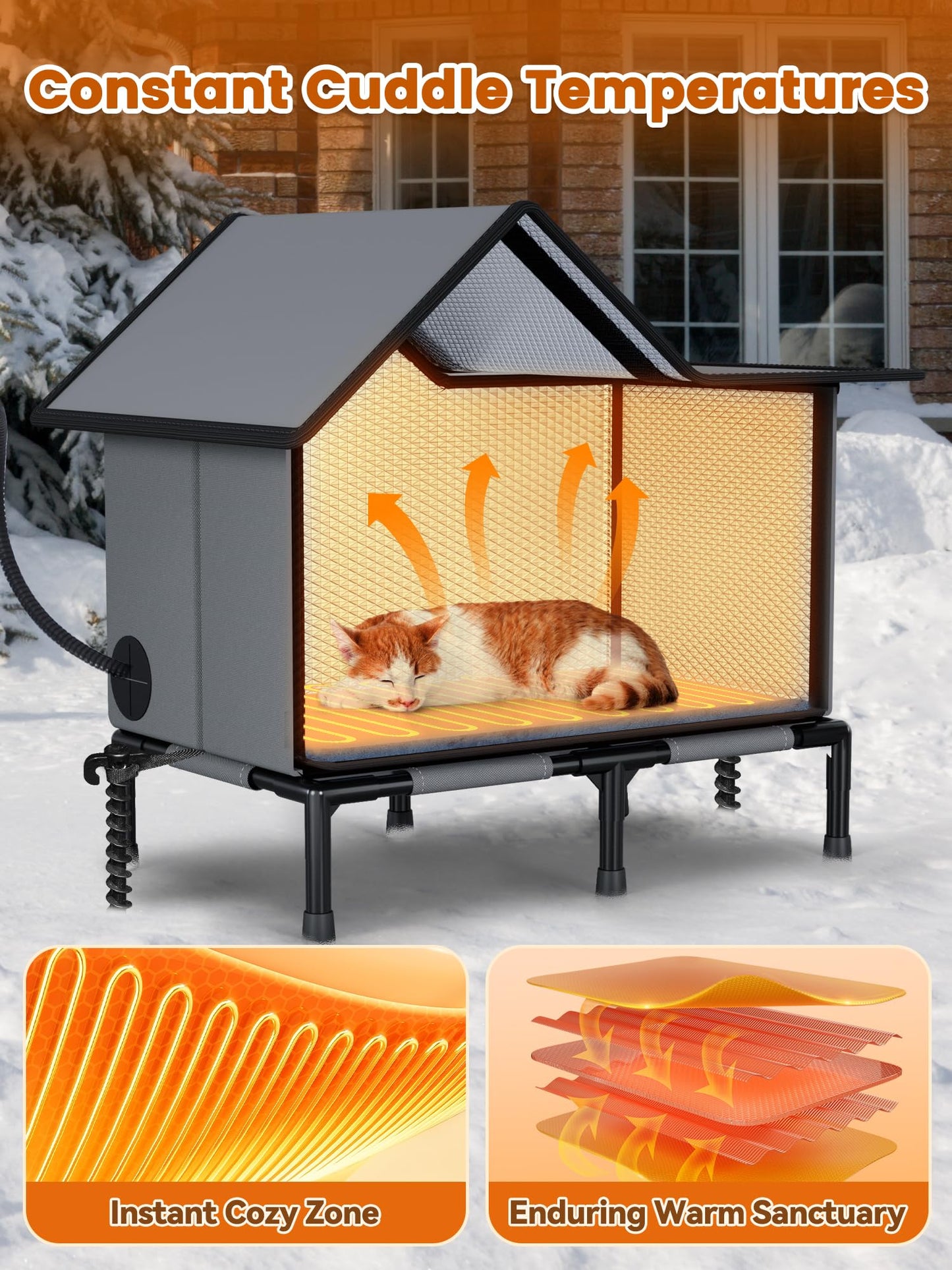 Rywell Heated Cat House for Outside,Super Insulated&Weatherproof Heated Cat House, Elevated Outdoor Cat Shelter for Feral Cat with Waterproof Eaves,Timer & Temp Adjustable