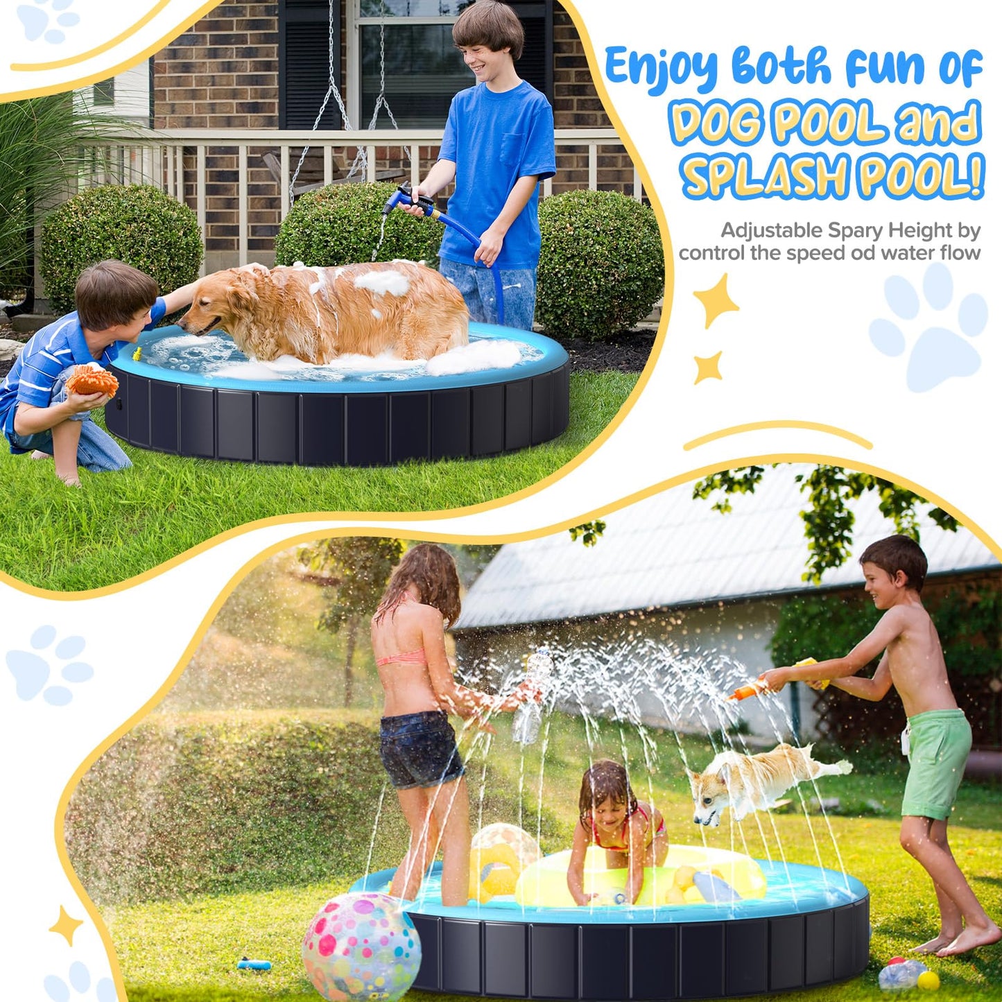 Rywell Dog Pool for Large Dogs, Foldable Pet Wading Pool with Splash Sprinkler, Outdoor Summer Bathtub Heavy Duty for Puppy, Doggie, Cats, Duck -Blue -63 x 12 Inches