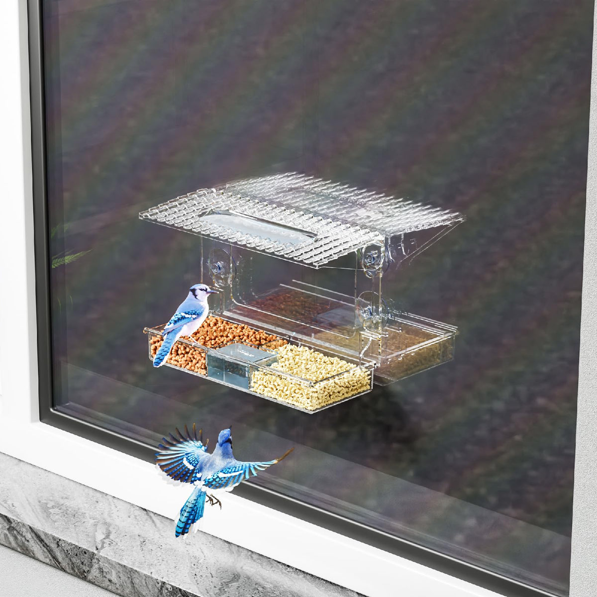 Rywell Acrylcc Window Bird Feeders with Strong Suction Cups for Window Viewing and Balcony,See Through Wild Birdfeeder with Bath and Water Combo,Clear Windows Bird Feeder for Cats,Kids,Birds Lover Gifts