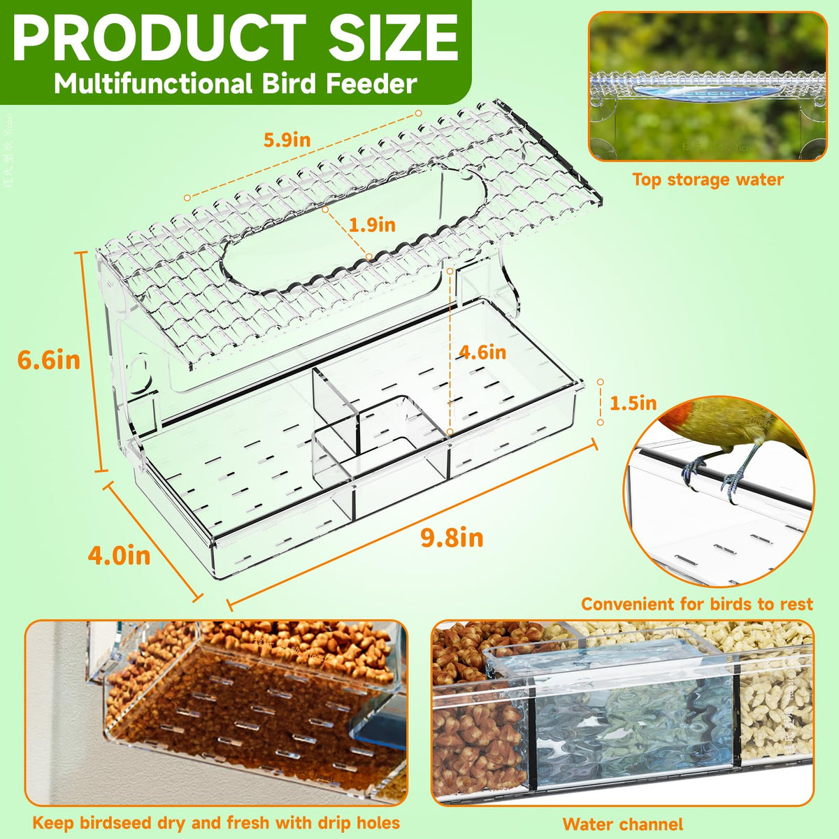 Rywell Acrylcc Window Bird Feeders with Strong Suction Cups for Window Viewing and Balcony,See Through Wild Birdfeeder with Bath and Water Combo,Clear Windows Bird Feeder for Cats,Kids,Birds Lover Gifts