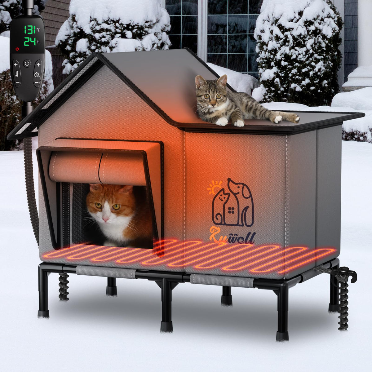Rywell Heated Cat House for Outside,Super Insulated&Weatherproof Heated Cat House, Elevated Outdoor Cat Shelter for Feral Cat with Waterproof Eaves,Timer & Temp Adjustable