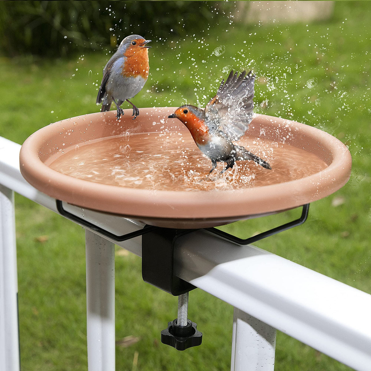 Rywell Bird Bath Deck Mounted Bowl 12 Inches, Balcony Railing Birdbaths Unheated, Bird Bath Fence Clamp Detachable