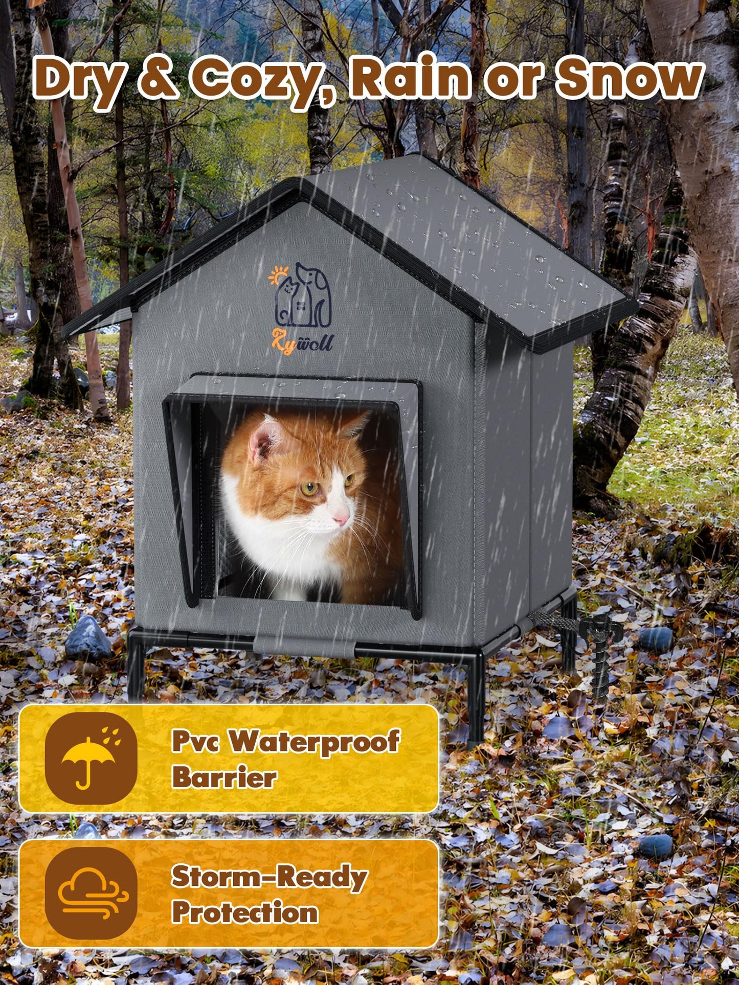 Rywell Cat Houses for Outdoor, Insulated&Weatherproof Outdoor Cats Shelter for All-Season,Easy Assemble with Ground Stakes, Door Flap & Elevated Base