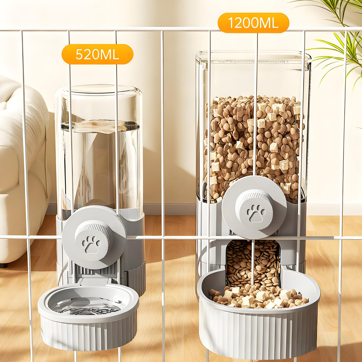 Rywell Hanging Automatic Food Water Dispenser,Rabbit Feeder Guinea Pig Water Bottle Food Feeder for Ferret Guinea Pig Rabbit Bunny Cage Accessories (Grey, 520ml+1200ml)