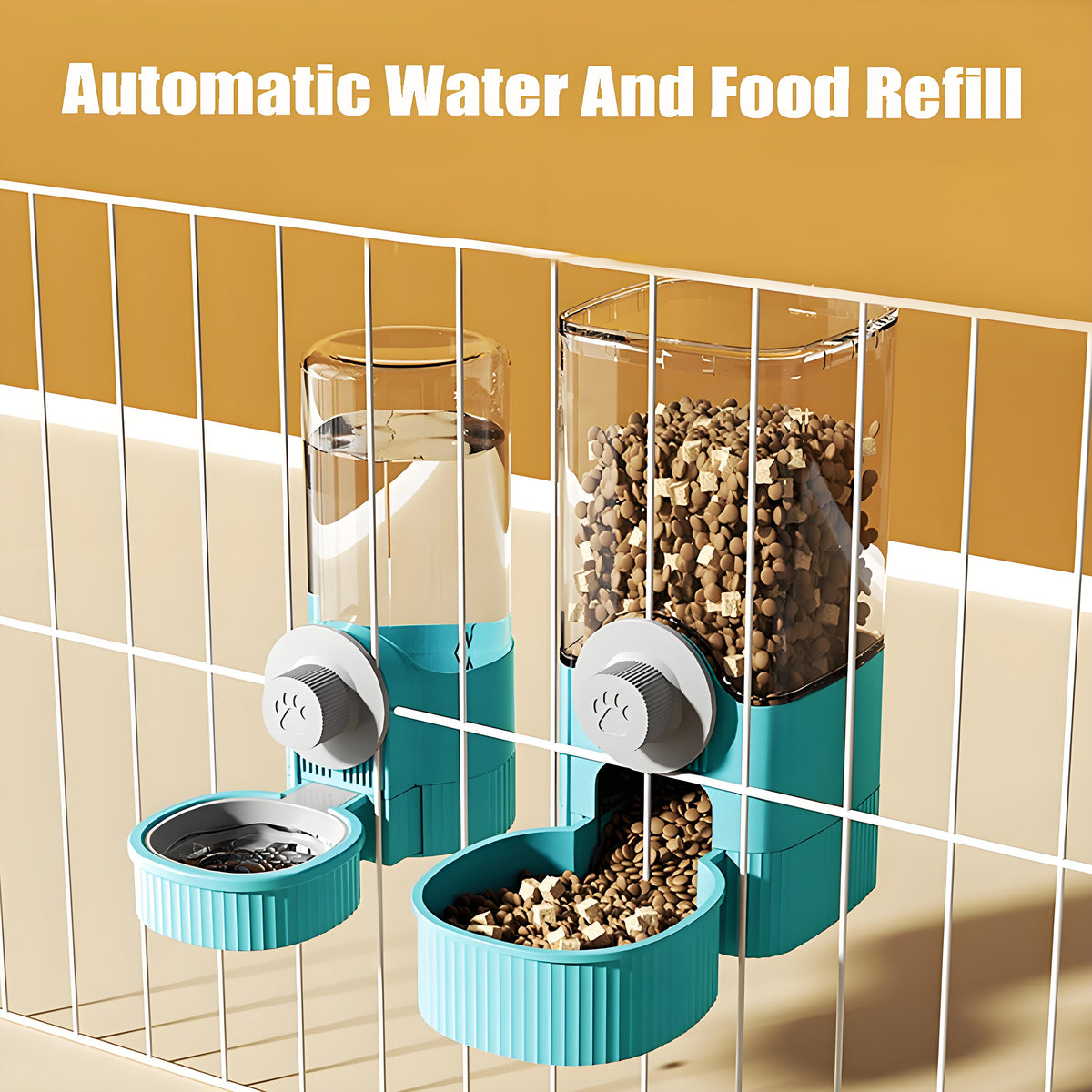 Rywell Hanging Automatic Food Water Dispenser,Rabbit Feeder Guinea Pig Water Bottle Food Feeder for Ferret Guinea Pig Rabbit Bunny Cage Accessories (Blue, 520ml+1200ml)