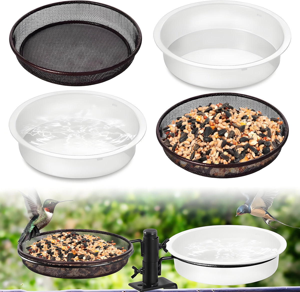 Rywell Deck Bird Feeder & Water Bath – Detachable Balcony & Porch Railing Tray with Metal Mesh and Water Bowl for Attracting Birds