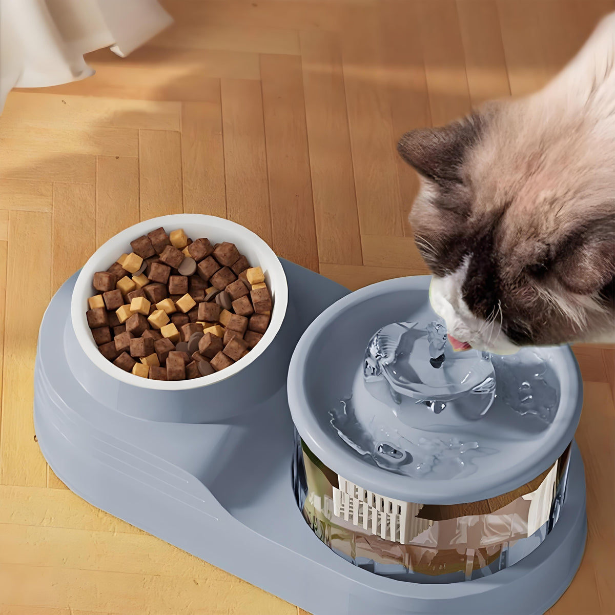 Rywell Automatic Cat Water Fountain with Food Bowl, 2-in-1 Pet Feeder and Water Dispenser, Splash-Free Anti-Slip Cat Drinking Fountain for Cats & Small Dogs